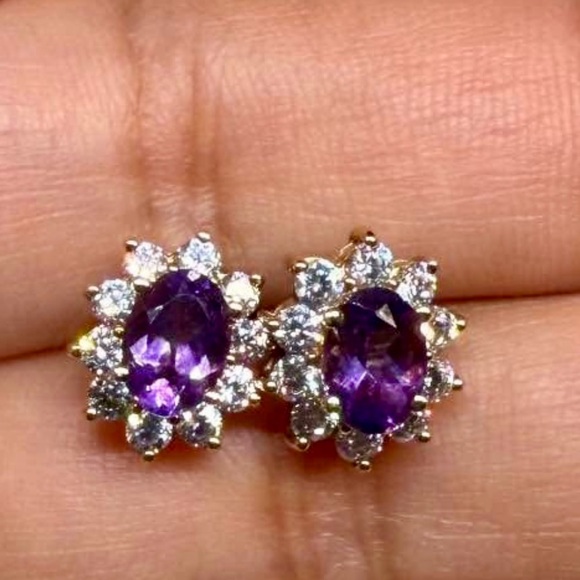 Jewelry - New 10K Solid Real Gold sunburst diamond cz purple gemstone earrings studs